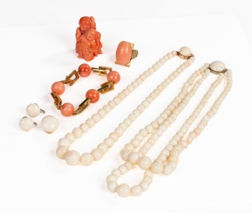 Group of Coral Jewelry and a Carved Coral Figure Group