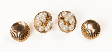Two Pairs of 14K Gold Earclips, One with Cultured Pearls