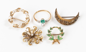 Four 14K Gold Brooches and a Ring