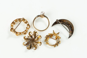 Four 14K Gold Brooches and a Ring