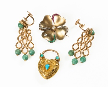 14K Gold Locket, Brooch and Pair of Earrings