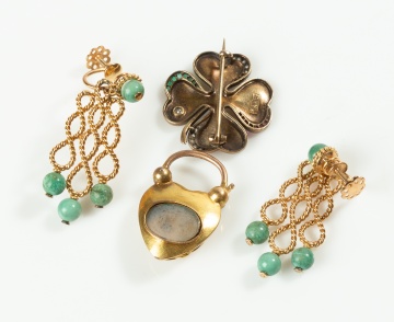14K Gold Locket, Brooch and Pair of Earrings