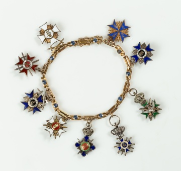 14K Gold and Sapphire Bracelet with Miniature Enamel Medal Charms