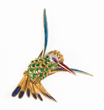 18K Gold, Enamel, Diamond and Ruby Hummingbird Brooch
