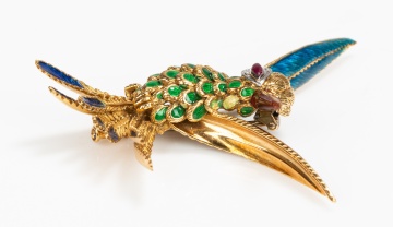 18K Gold, Enamel, Diamond and Ruby Hummingbird Brooch