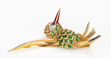 18K Gold, Enamel, Diamond and Ruby Hummingbird Brooch