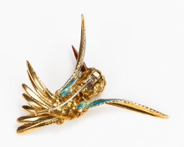 18K Gold, Enamel, Diamond and Ruby Hummingbird Brooch