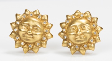 Pair of 18K Gold and Diamond Sun Face Earclips