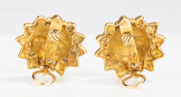 Pair of 18K Gold and Diamond Sun Face Earclips