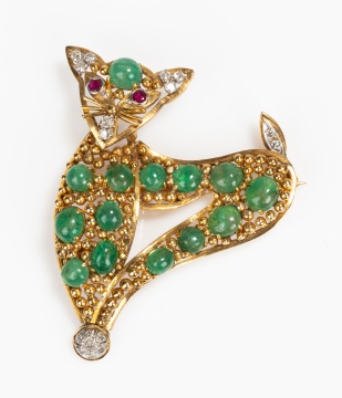 14K Gold, Emerald, Diamond and Ruby Cat Brooch