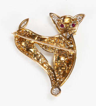 14K Gold, Emerald, Diamond and Ruby Cat Brooch