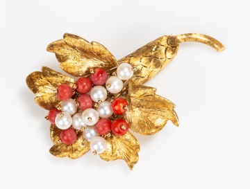 Cellino 18K Gold, Coral and Cultured Pearl Brooch
