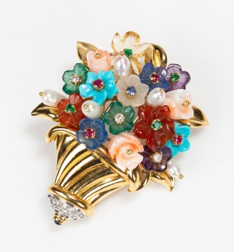 Italian Gold, Carved Hardstone and Diamond Flower Basket Brooch
