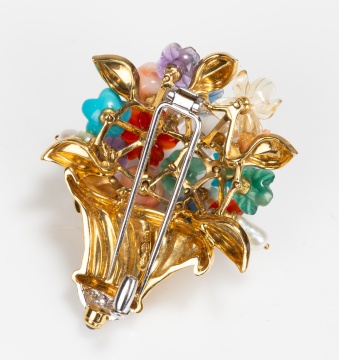 Italian Gold, Carved Hardstone and Diamond Flower Basket Brooch