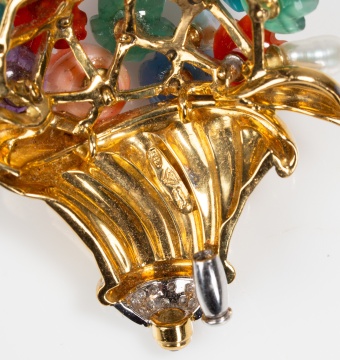 Italian Gold, Carved Hardstone and Diamond Flower Basket Brooch
