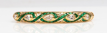 Italian 18K Gold, Diamond and Emerald Hinged Bangle