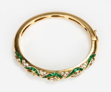 Italian 18K Gold, Diamond and Emerald Hinged Bangle