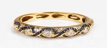 Italian 18K Gold, Diamond and Sapphire Hinged Bangle