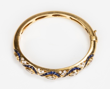 Italian 18K Gold, Diamond and Sapphire Hinged Bangle