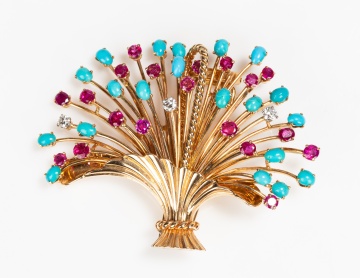 Retro 14K Gold, Natural Ruby, Turquoise and Diamond Spray Brooch