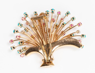 Retro 14K Gold, Natural Ruby, Turquoise and Diamond Spray Brooch