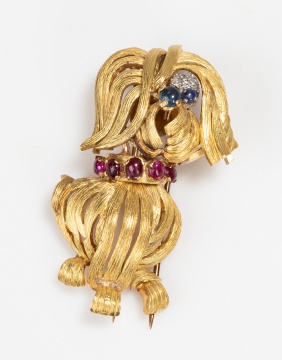 14K Gold, Ruby, Sapphire and Diamond Dog Brooch
