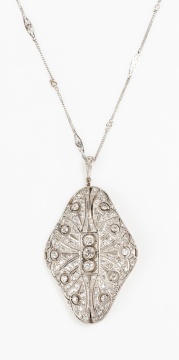 Edwardian Platinum and Diamond Pendant Brooch on 18K Gold Chain