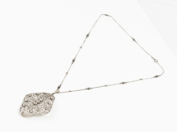 Edwardian Platinum and Diamond Pendant Brooch on 18K Gold Chain