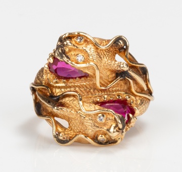 Columbia 14K Gold, Synthetic Ruby and Diamond Dragon Ring