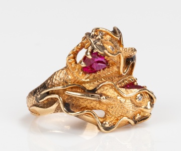 Columbia 14K Gold, Synthetic Ruby and Diamond Dragon Ring