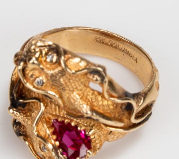 Columbia 14K Gold, Synthetic Ruby and Diamond Dragon Ring