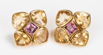 Antonini, Pair of 18K Gold, Citrine and Rhodolite Garnet Earclips