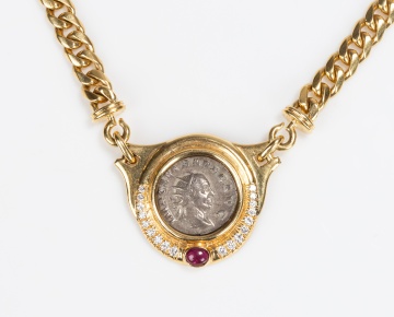 18K Gold, Diamond and Ruby Necklace with Roman Coin