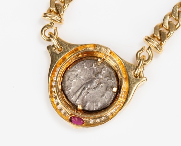 18K Gold, Diamond and Ruby Necklace with Roman Coin