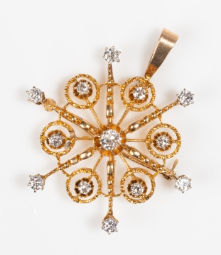 14K Gold and Diamond Snowflake Pendant Brooch