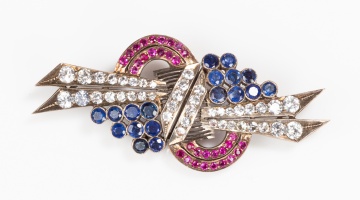 Art Deco / Retro Silver, Sapphire, Ruby and White Stone Double Clip Brooch