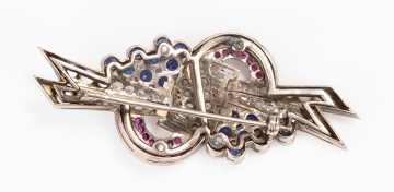 Art Deco / Retro Silver, Sapphire, Ruby and White Stone Double Clip Brooch