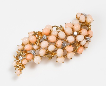 18K Gold, Angel Skin Coral and Diamond Spray Brooch