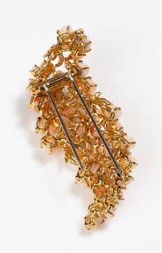 18K Gold, Angel Skin Coral and Diamond Spray Brooch