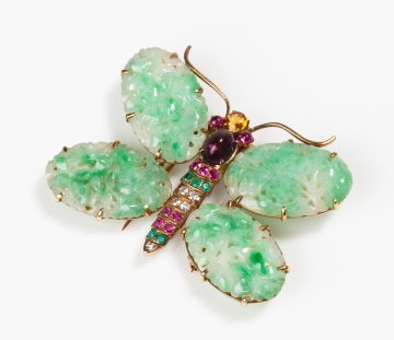 14K Gold, Carved Jadeite and Gem-Set Butterfly Brooch