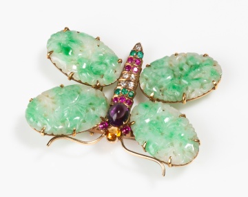 14K Gold, Carved Jadeite and Gem-Set Butterfly Brooch