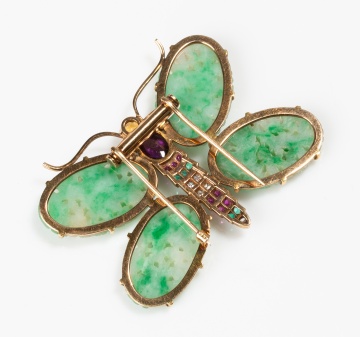 14K Gold, Carved Jadeite and Gem-Set Butterfly Brooch