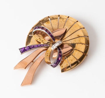 Retro 14K Two-Color Gold, Amethyst and Diamond Bow Brooch