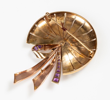 Retro 14K Two-Color Gold, Amethyst and Diamond Bow Brooch