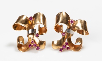 Pair of Retro 14K Gold and Ruby Bow Earclips