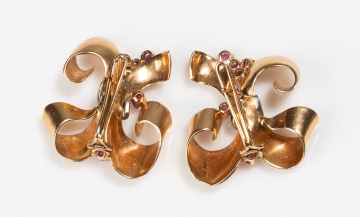Pair of Retro 14K Gold and Ruby Bow Earclips