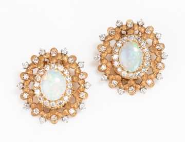 Pair of 14K Gold, Opal and Diamond Earclips