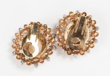Pair of 14K Gold, Opal and Diamond Earclips