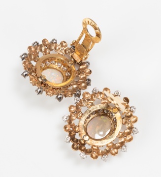 Pair of 14K Gold, Opal and Diamond Earclips