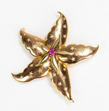 Retro 18K Gold, Ruby and Diamond Starfish Brooch